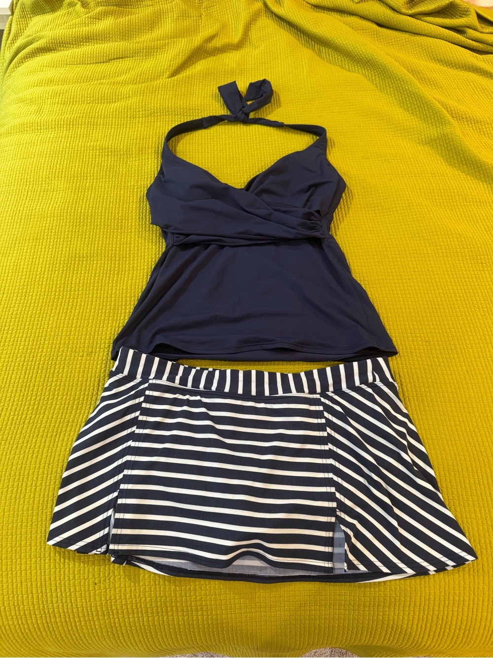 Lands' End Navy Halter Bandeau Tankini with Navy & White Striped Skirt